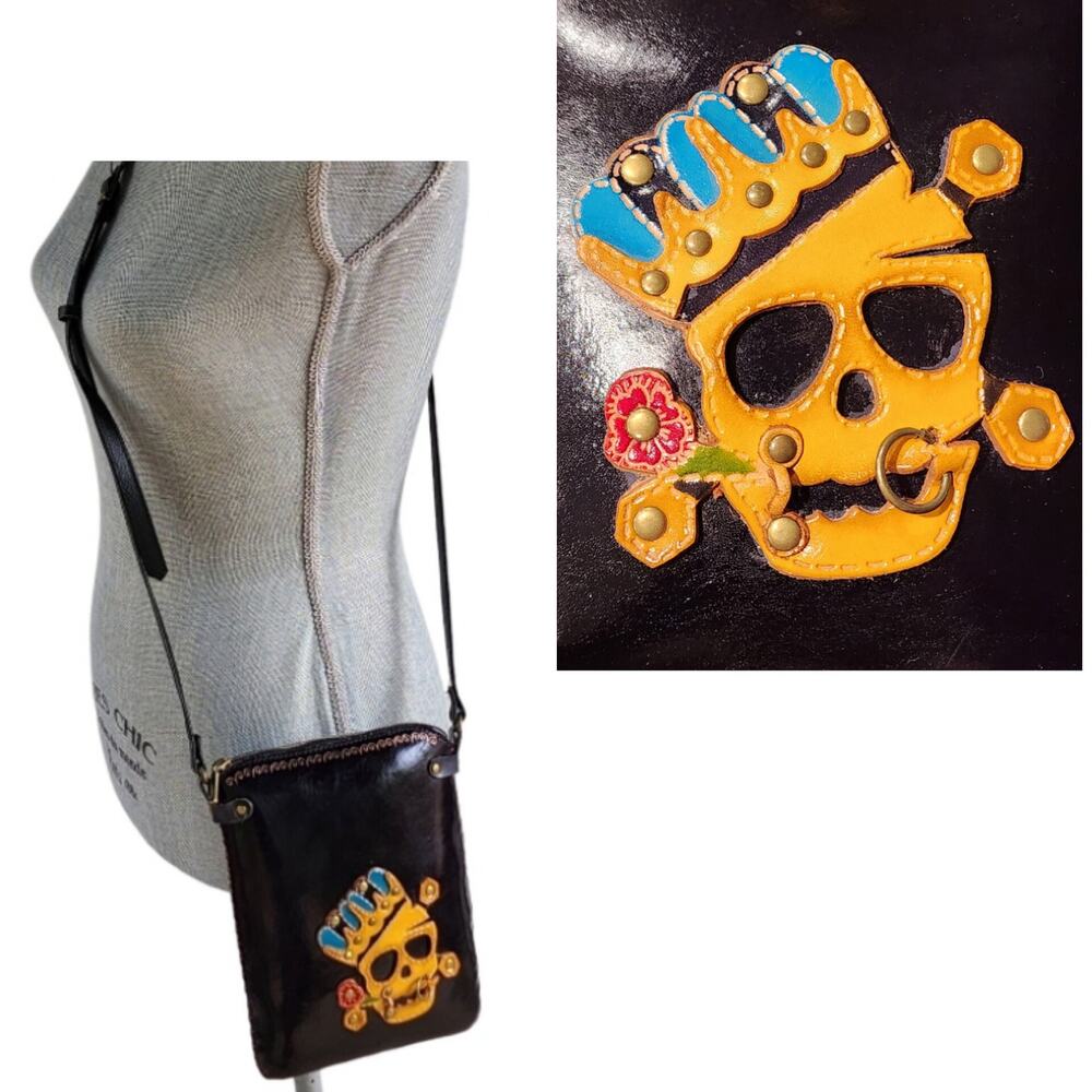 NEW Day of the Dead Handcrafted Black Leather Crossbody Bag Festival WhimsyGoth